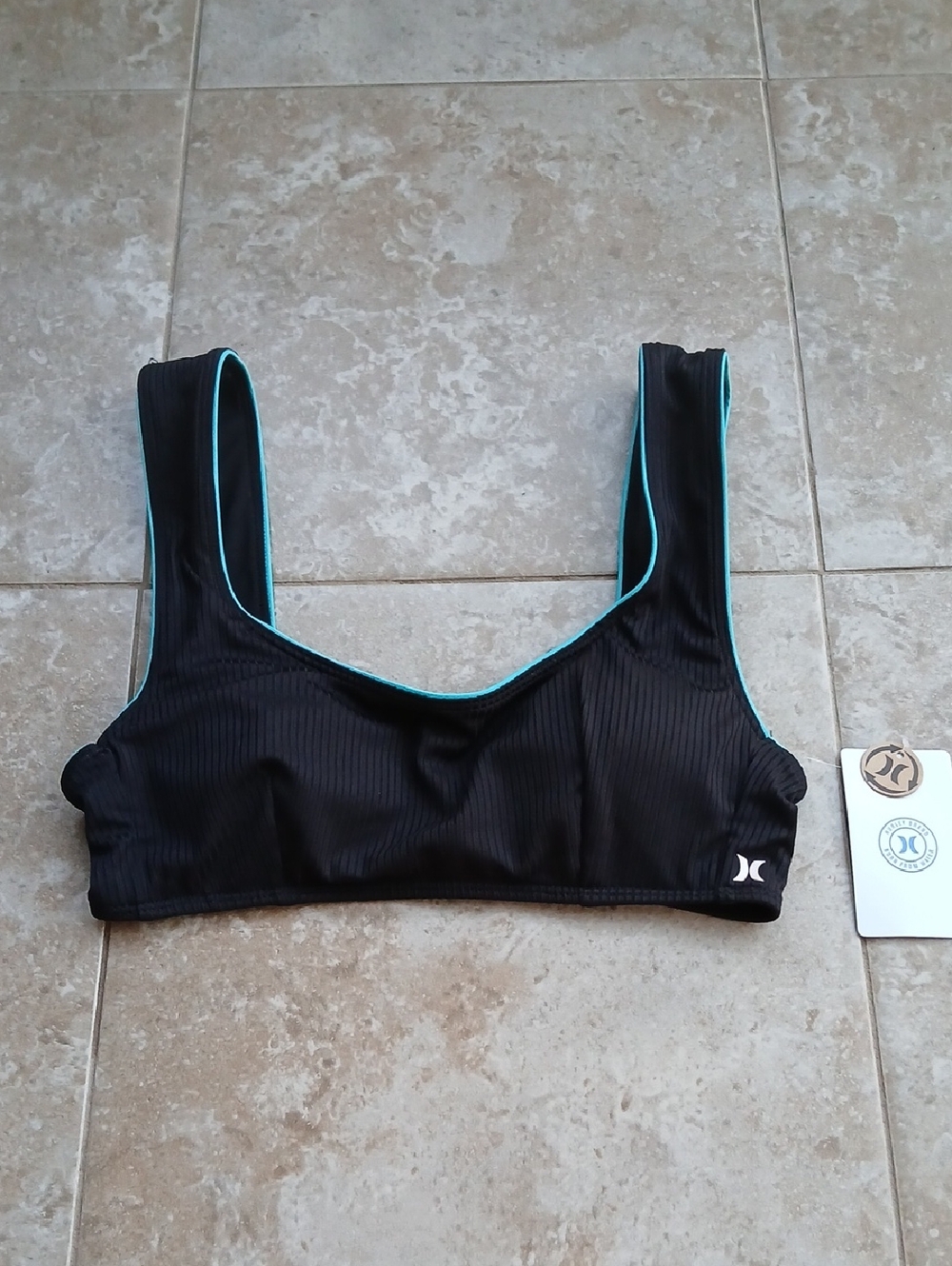 Hurley Ribbed Sports Bra Black with Teal Piping
